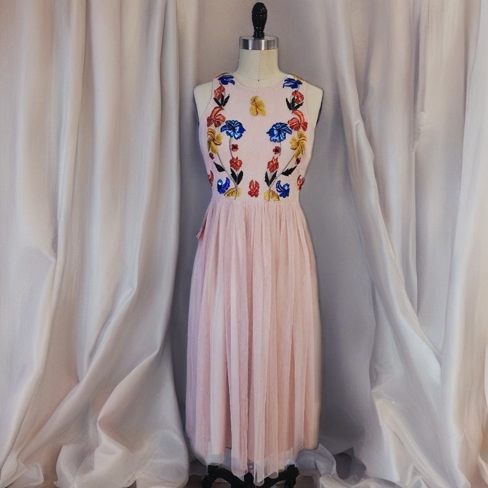 Frock & Frill NWT Romantic Blush Tulle Midi Dress | Embroidered Floral Size 6